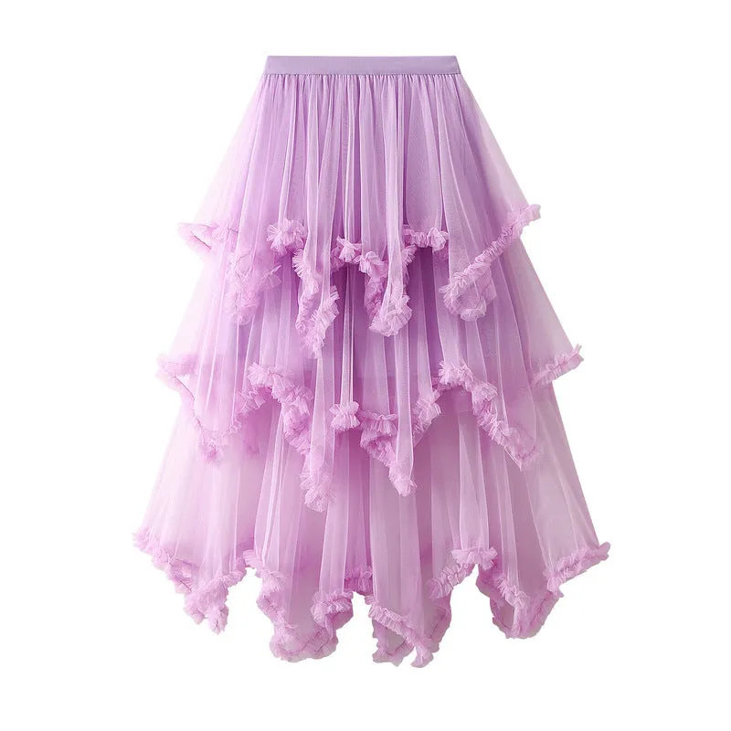 Irregular Mesh Skirt Mid-length High Waist Skirt with Ruffle Trim