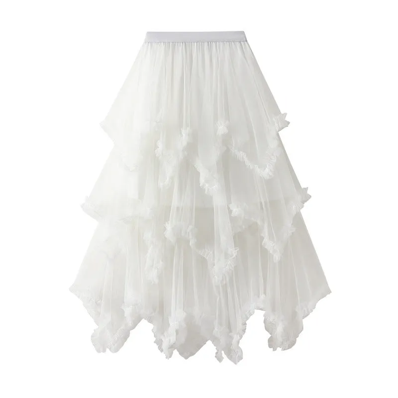 Irregular Mesh Skirt Mid-length High Waist Skirt with Ruffle Trim