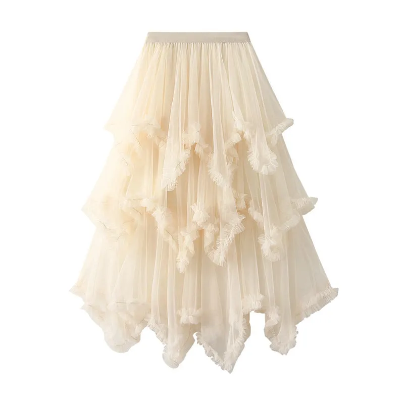 Irregular Mesh Skirt Mid-length High Waist Skirt with Ruffle Trim