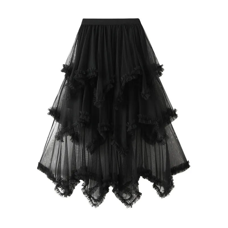 Irregular Mesh Skirt Mid-length High Waist Skirt with Ruffle Trim