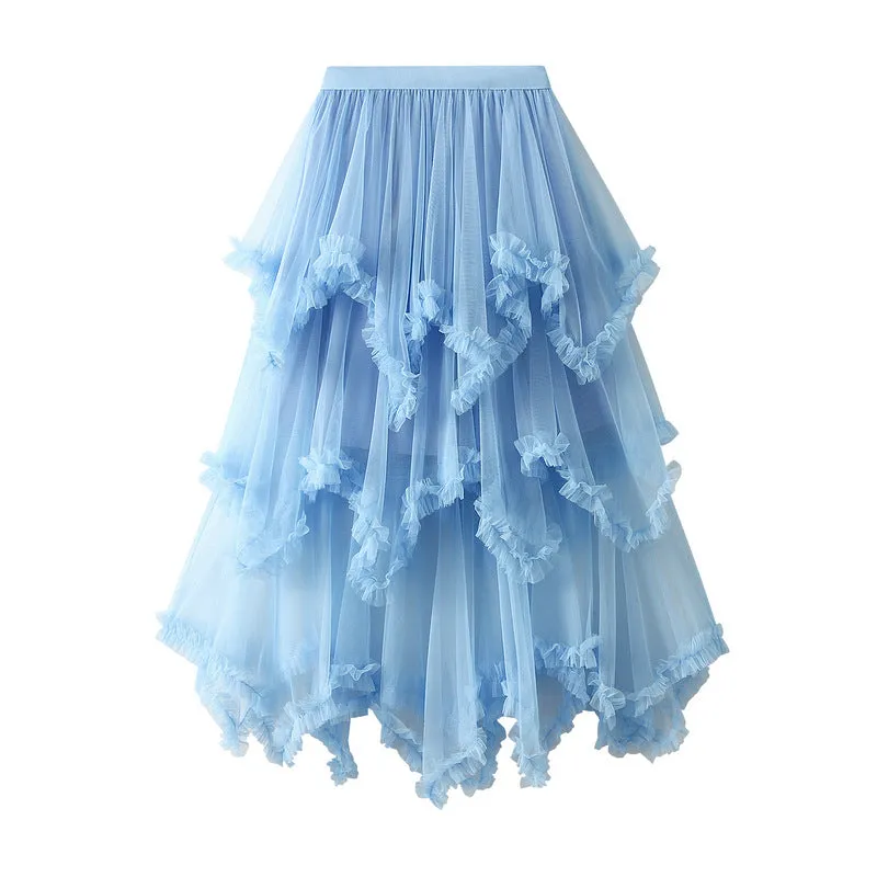 Irregular Mesh Skirt Mid-length High Waist Skirt with Ruffle Trim