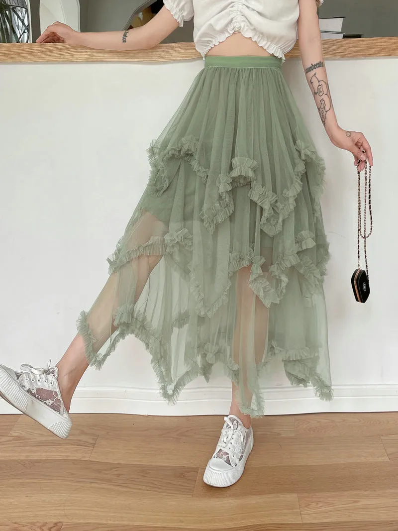 Irregular Mesh Skirt Mid-length High Waist Skirt with Ruffle Trim