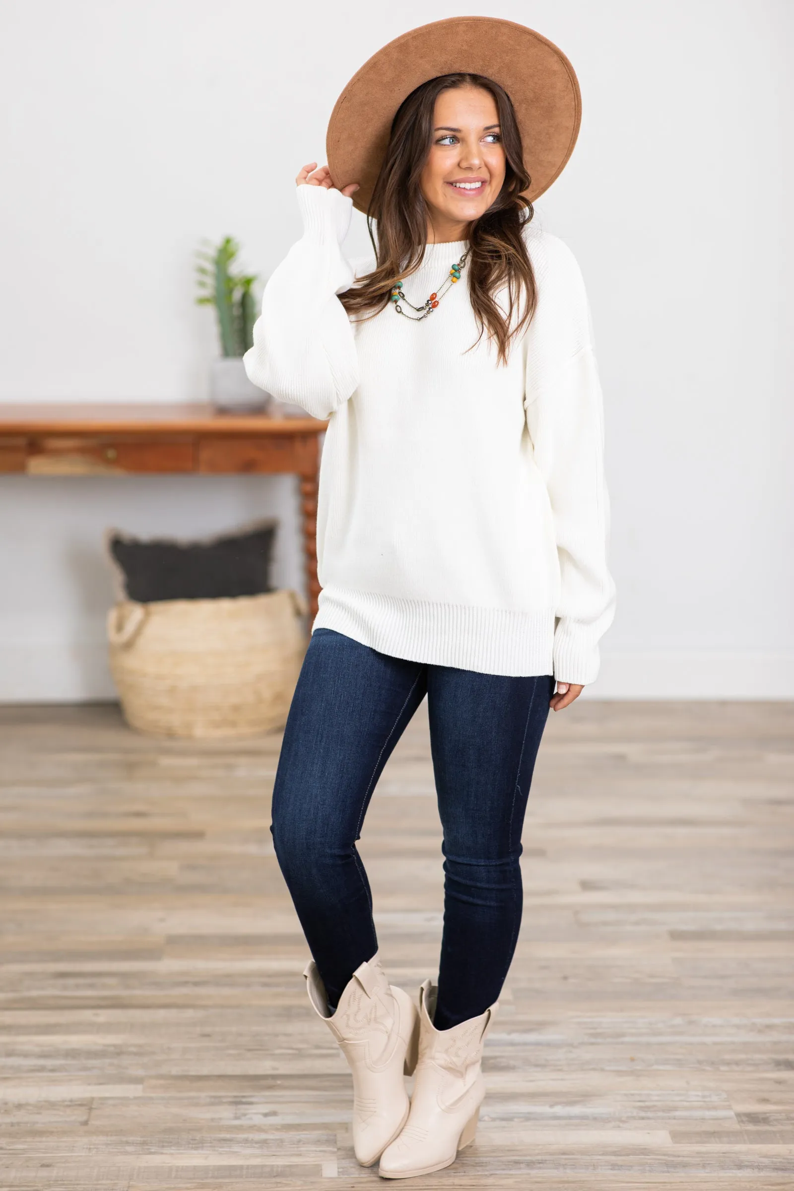 Ivory Drop Shoulder Ribbed Trim Sweater