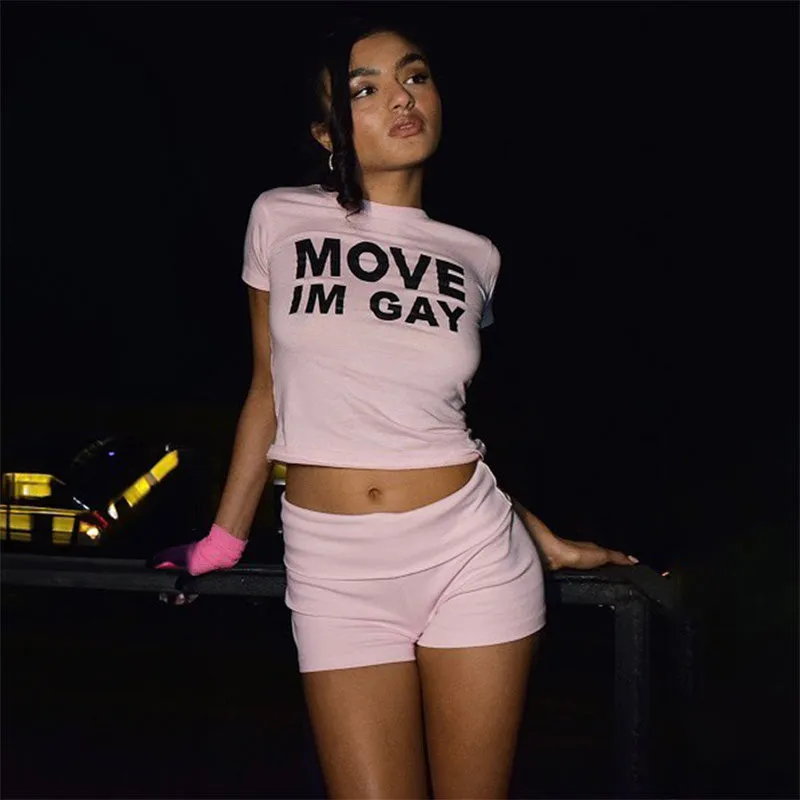 JazzHer Harajuku streetwear fashion women's T-shirt Punk Gothic letter print 'MOVE IM GAY' crop tops Cool cool girls casual Y2K clothes