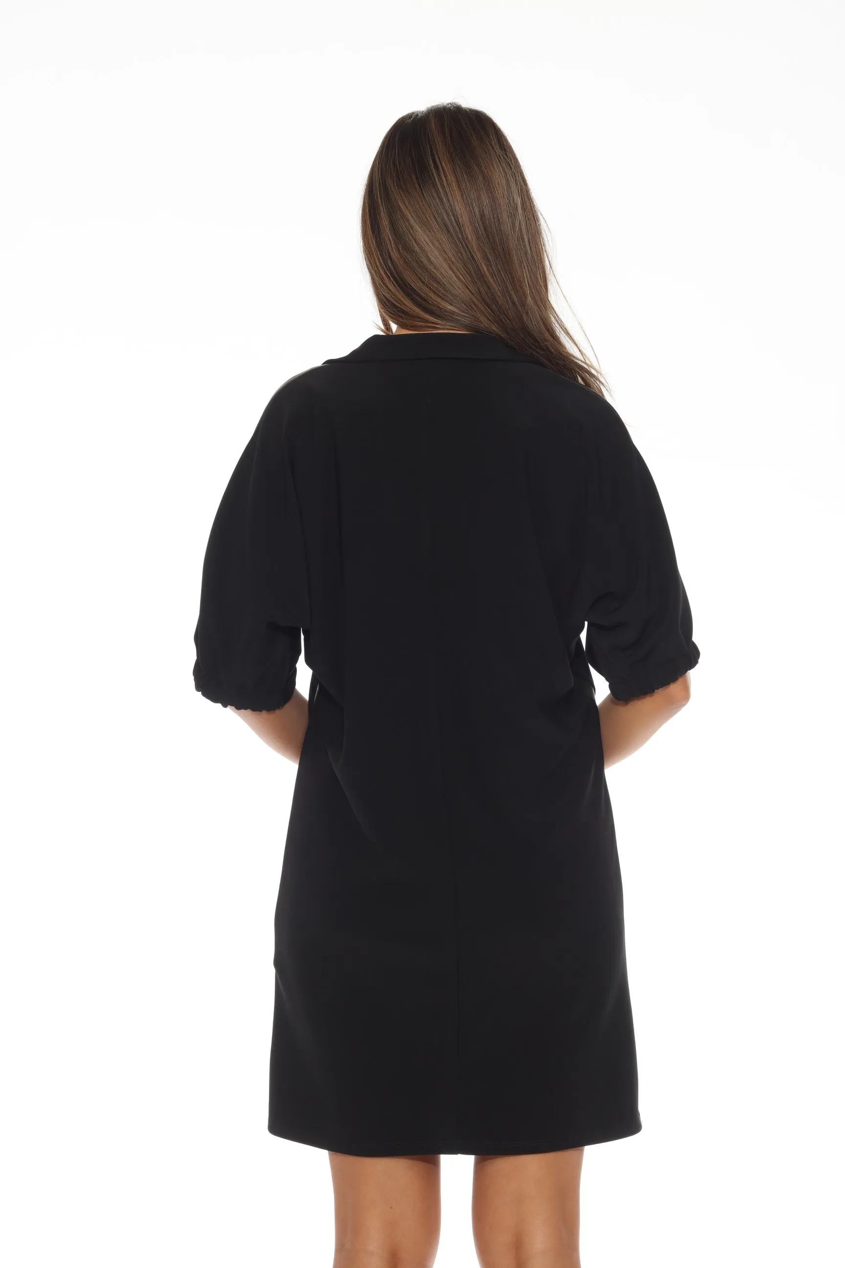 Joseph Ribkoff Black Faux Leather Trim Short Sleeve Trapeze Dress 243177