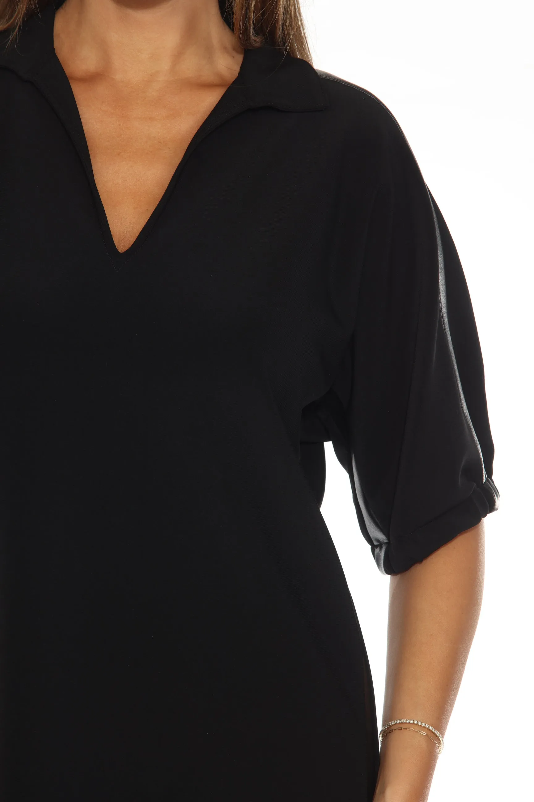 Joseph Ribkoff Black Faux Leather Trim Short Sleeve Trapeze Dress 243177