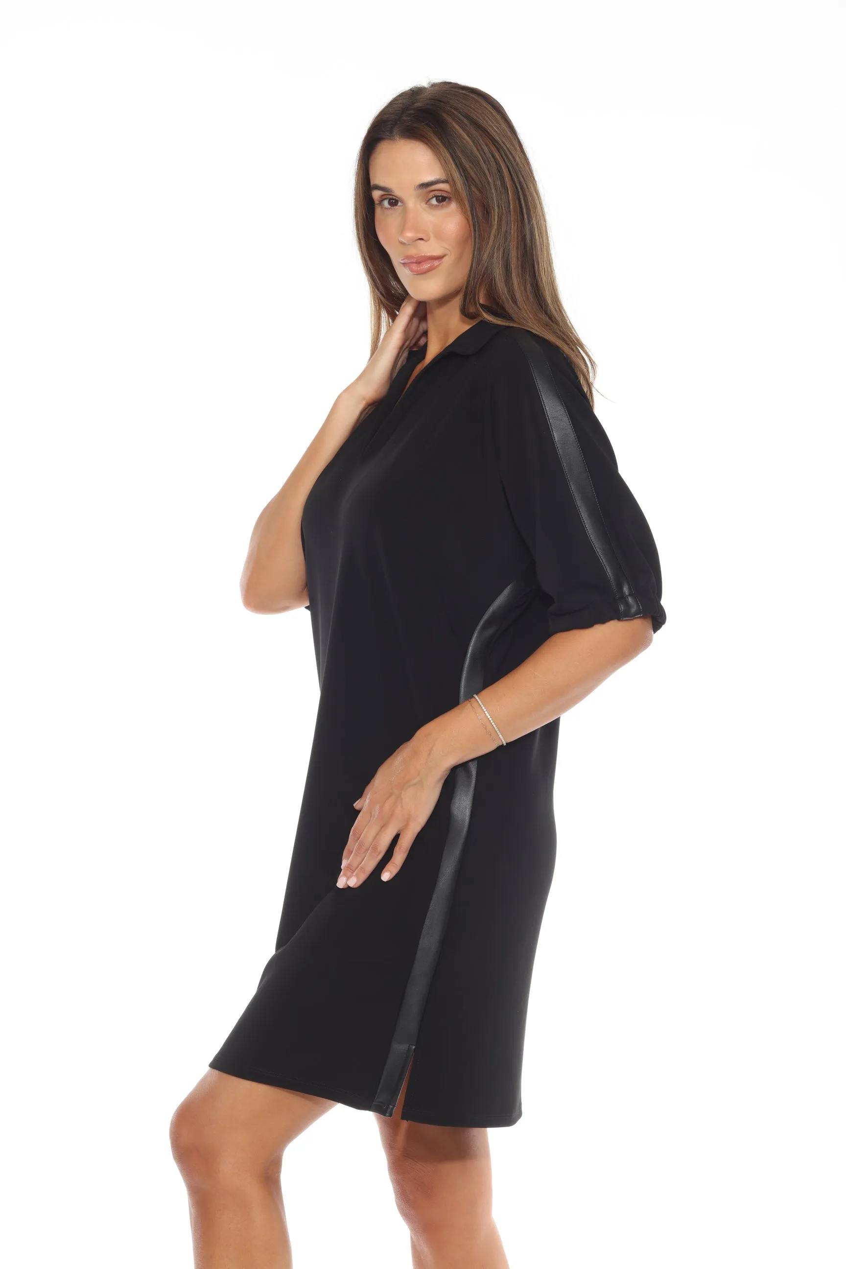 Joseph Ribkoff Black Faux Leather Trim Short Sleeve Trapeze Dress 243177