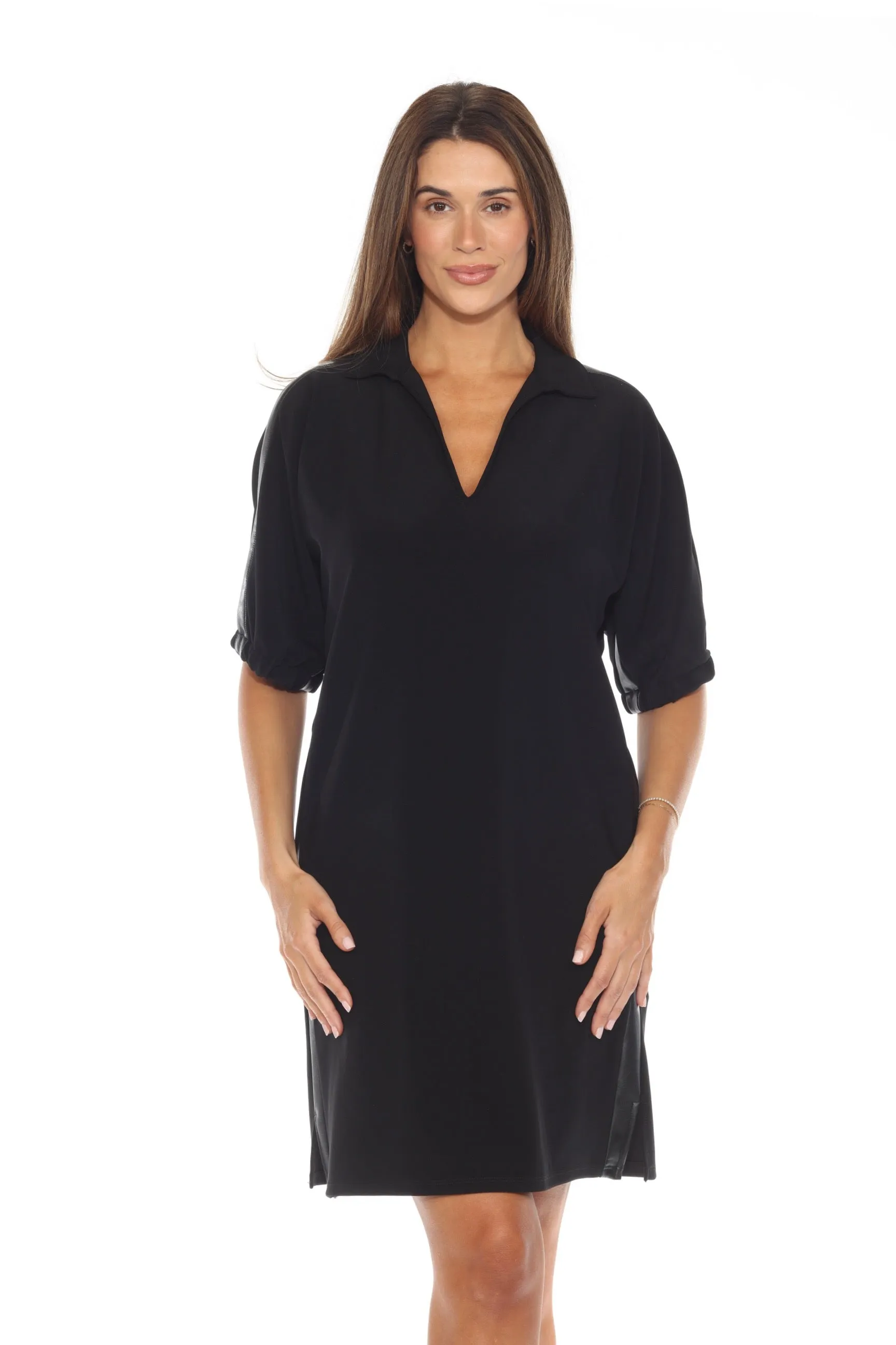 Joseph Ribkoff Black Faux Leather Trim Short Sleeve Trapeze Dress 243177
