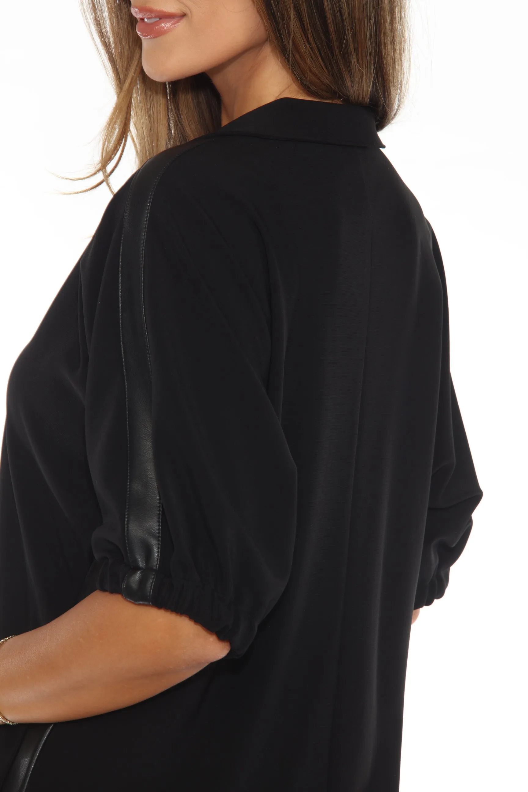 Joseph Ribkoff Black Faux Leather Trim Short Sleeve Trapeze Dress 243177