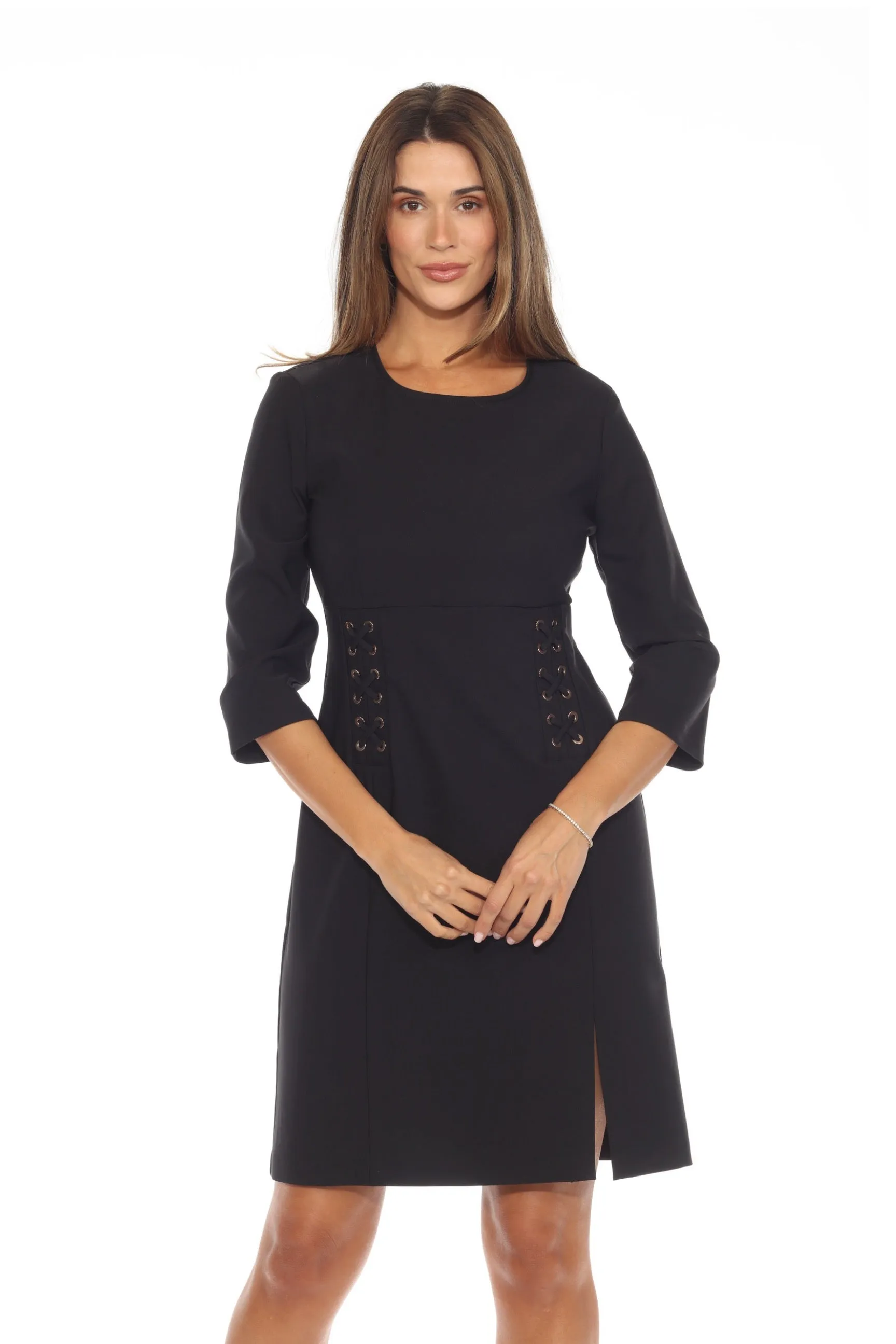 Joseph Ribkoff Black Lace-Up 3/4 Sleeves A-Line Dress 243005