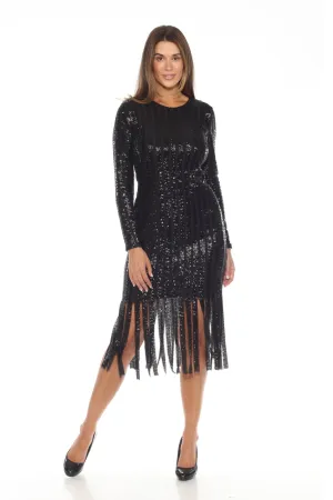 Joseph Ribkoff Black Sequined Fringe Hem Midi Sheath Dress 244906