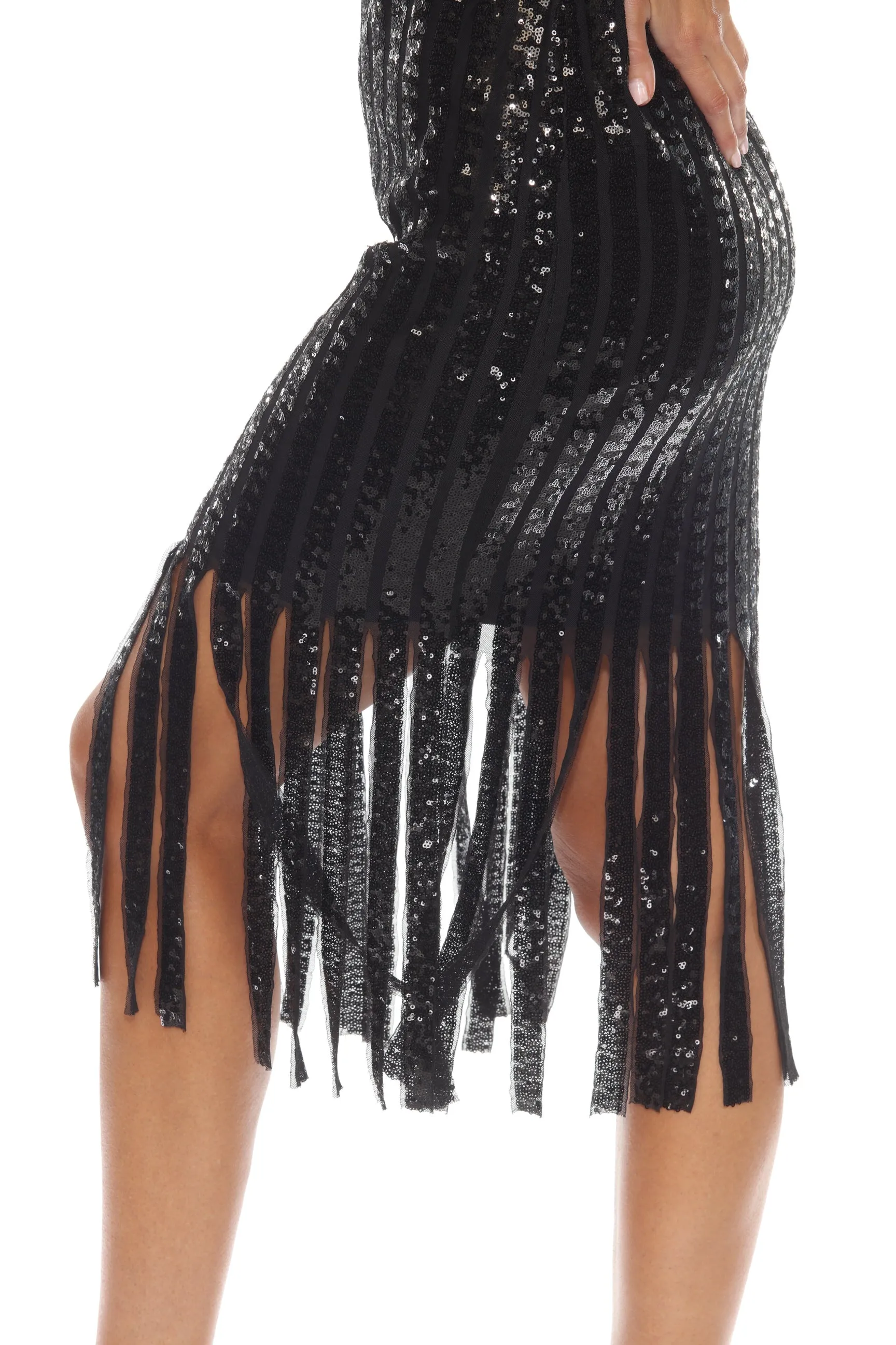 Joseph Ribkoff Black Sequined Fringe Hem Midi Sheath Dress 244906