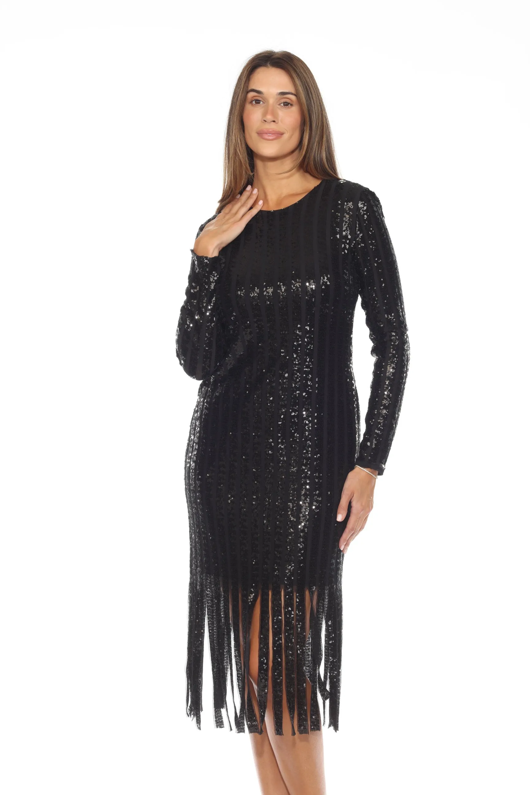 Joseph Ribkoff Black Sequined Fringe Hem Midi Sheath Dress 244906