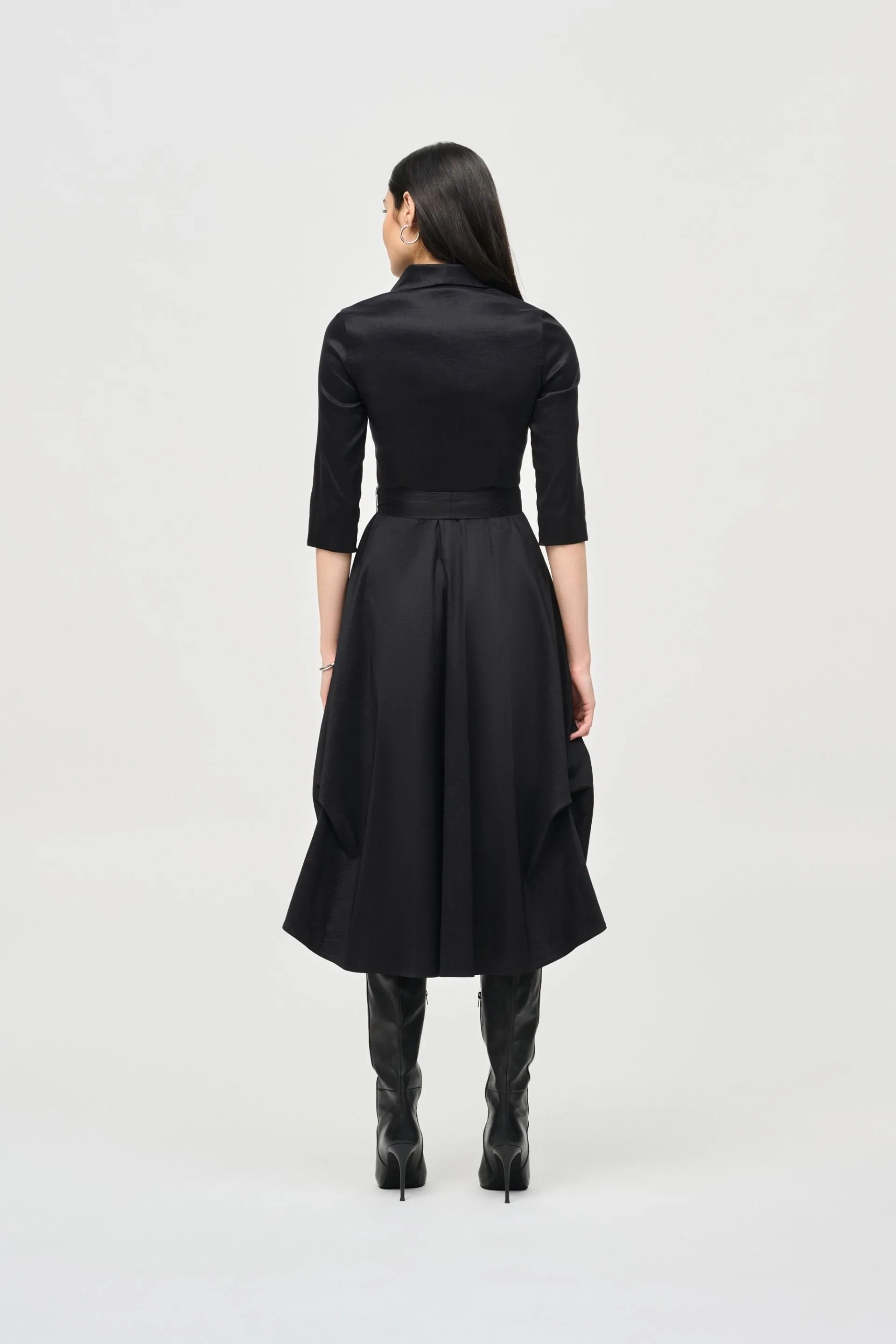 Joseph Ribkoff Black Zip Front Waist Sash Taffeta Midi Dress 243200