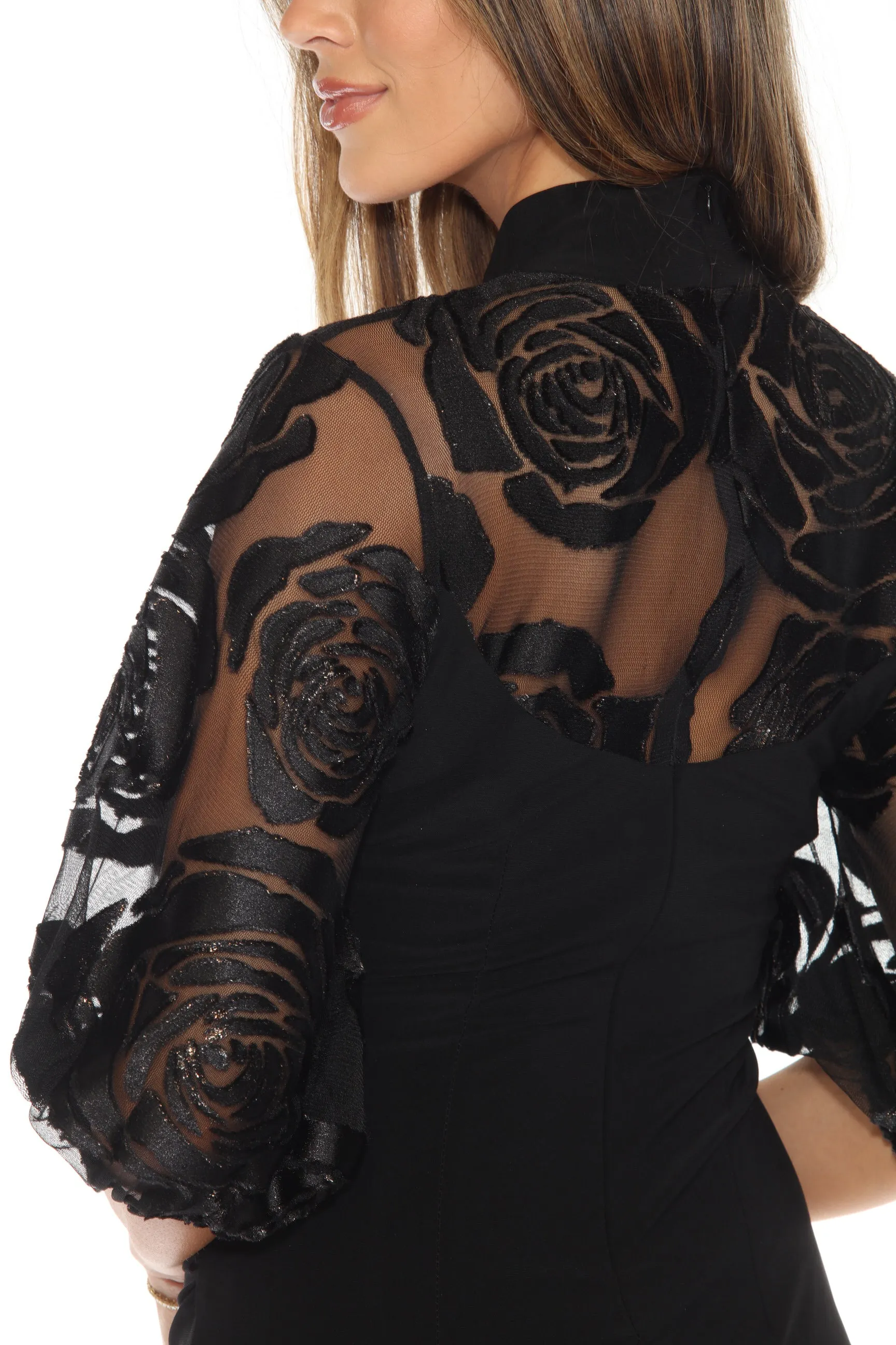 Joseph Ribkoff Black/Rose Gold Rose Appliqué Sheer Yoke Bodycon Dress 244201