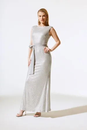 Joseph Ribkoff Matte Silver Sequined Formal Evening Long Dress 243775