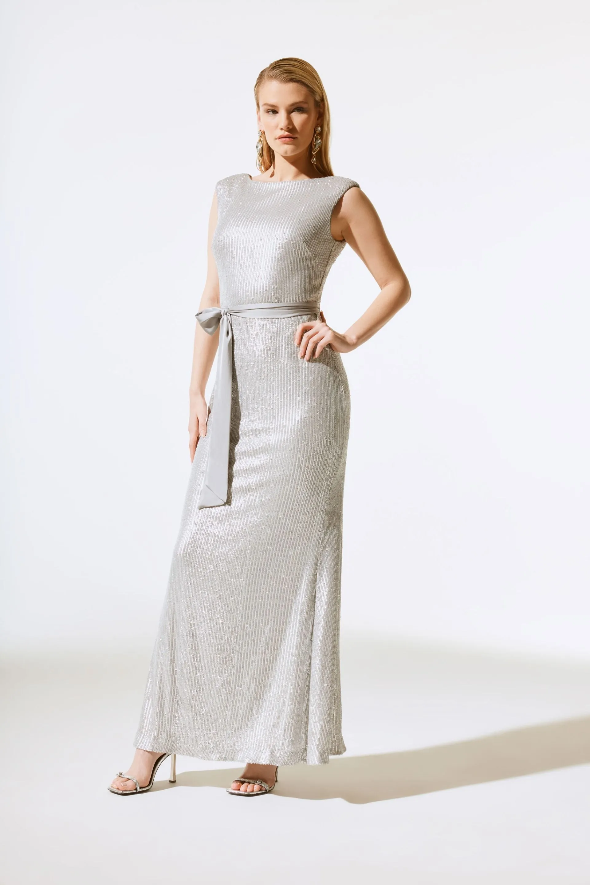 Joseph Ribkoff Matte Silver Sequined Formal Evening Long Dress 243775