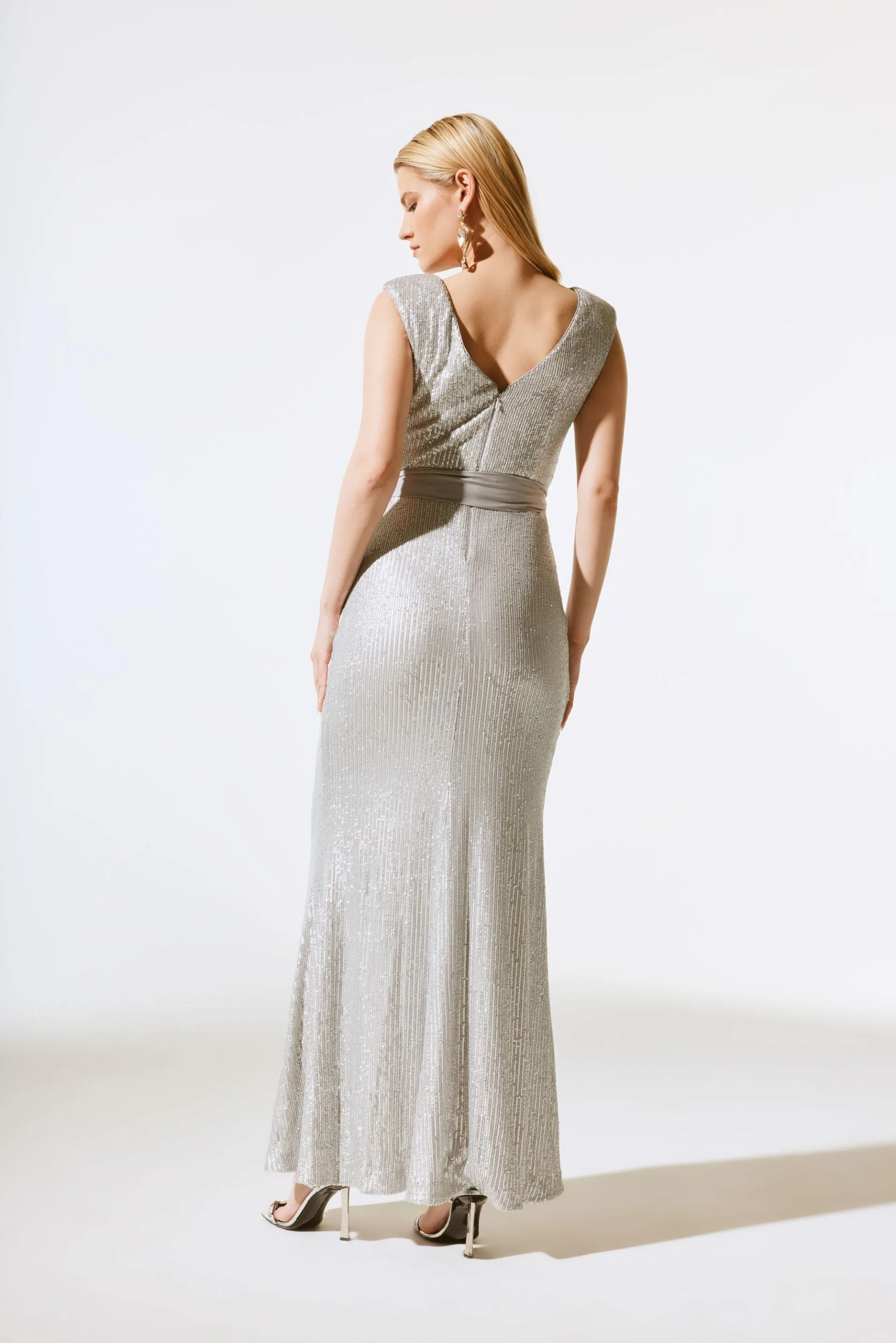 Joseph Ribkoff Matte Silver Sequined Formal Evening Long Dress 243775