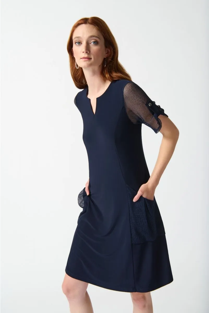 Joseph Ribkoff Midnight Blue Mesh Short Sleeves A-Line Dress 242218