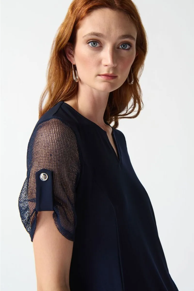 Joseph Ribkoff Midnight Blue Mesh Short Sleeves A-Line Dress 242218