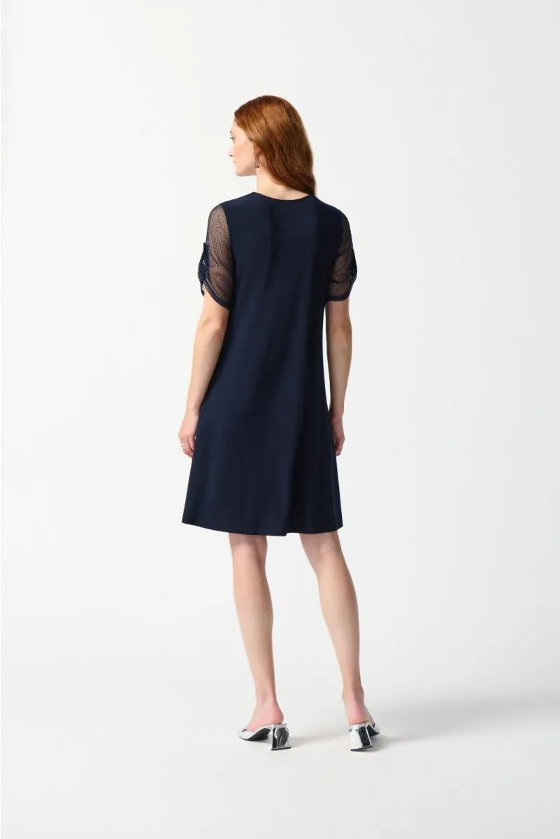 Joseph Ribkoff Midnight Blue Mesh Short Sleeves A-Line Dress 242218