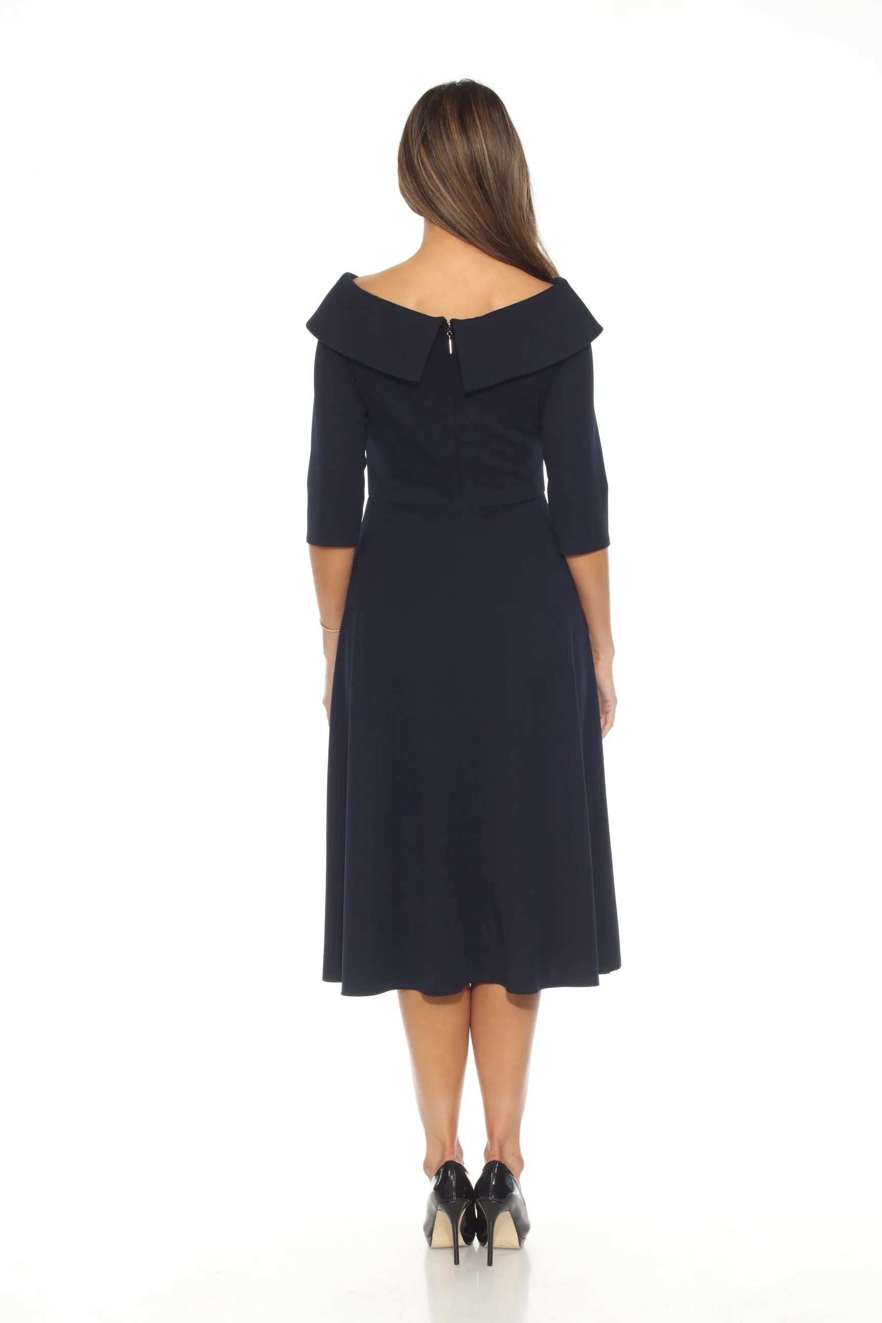 Joseph Ribkoff Midnight Blue Rhinestone Buckle Off-Shoulder Midi Dress 243743