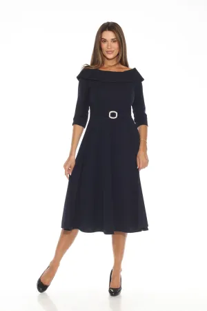Joseph Ribkoff Midnight Blue Rhinestone Buckle Off-Shoulder Midi Dress 243743