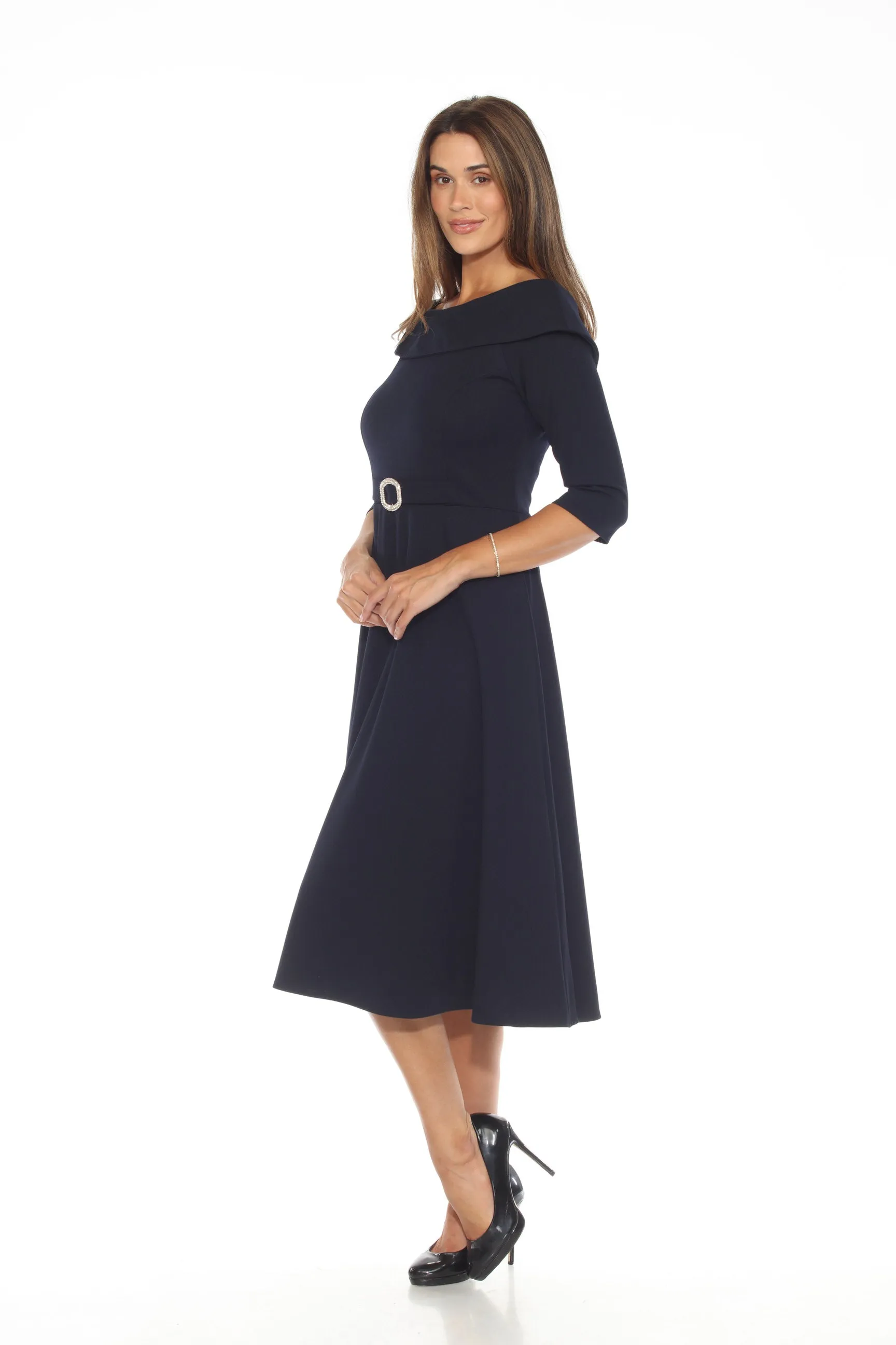 Joseph Ribkoff Midnight Blue Rhinestone Buckle Off-Shoulder Midi Dress 243743