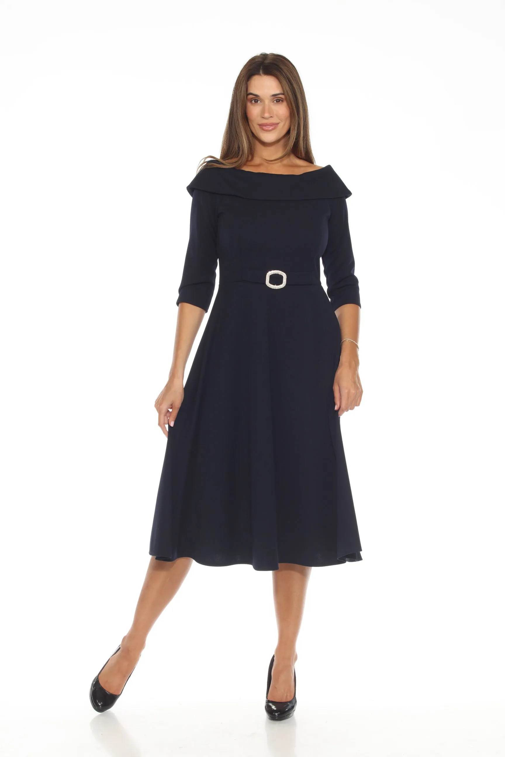 Joseph Ribkoff Midnight Blue Rhinestone Buckle Off-Shoulder Midi Dress 243743