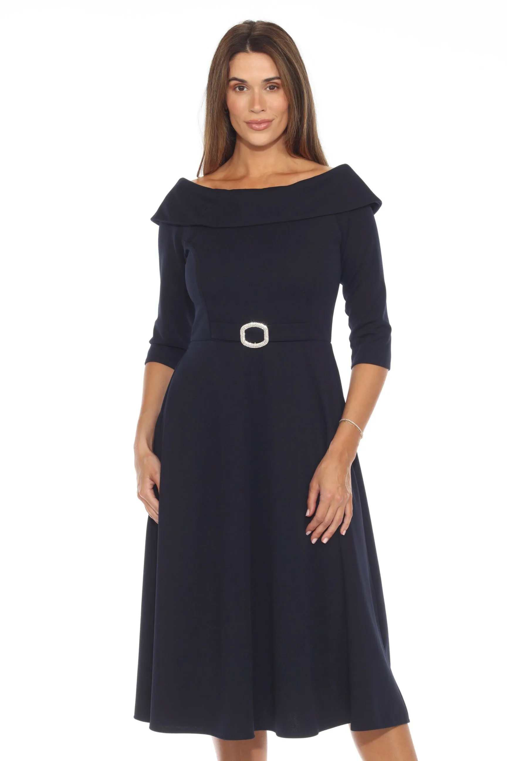 Joseph Ribkoff Midnight Blue Rhinestone Buckle Off-Shoulder Midi Dress 243743
