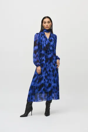 Joseph Ribkoff Royal Sapphire/Multi Abstract Pleated Chiffon Maxi Dress 244924