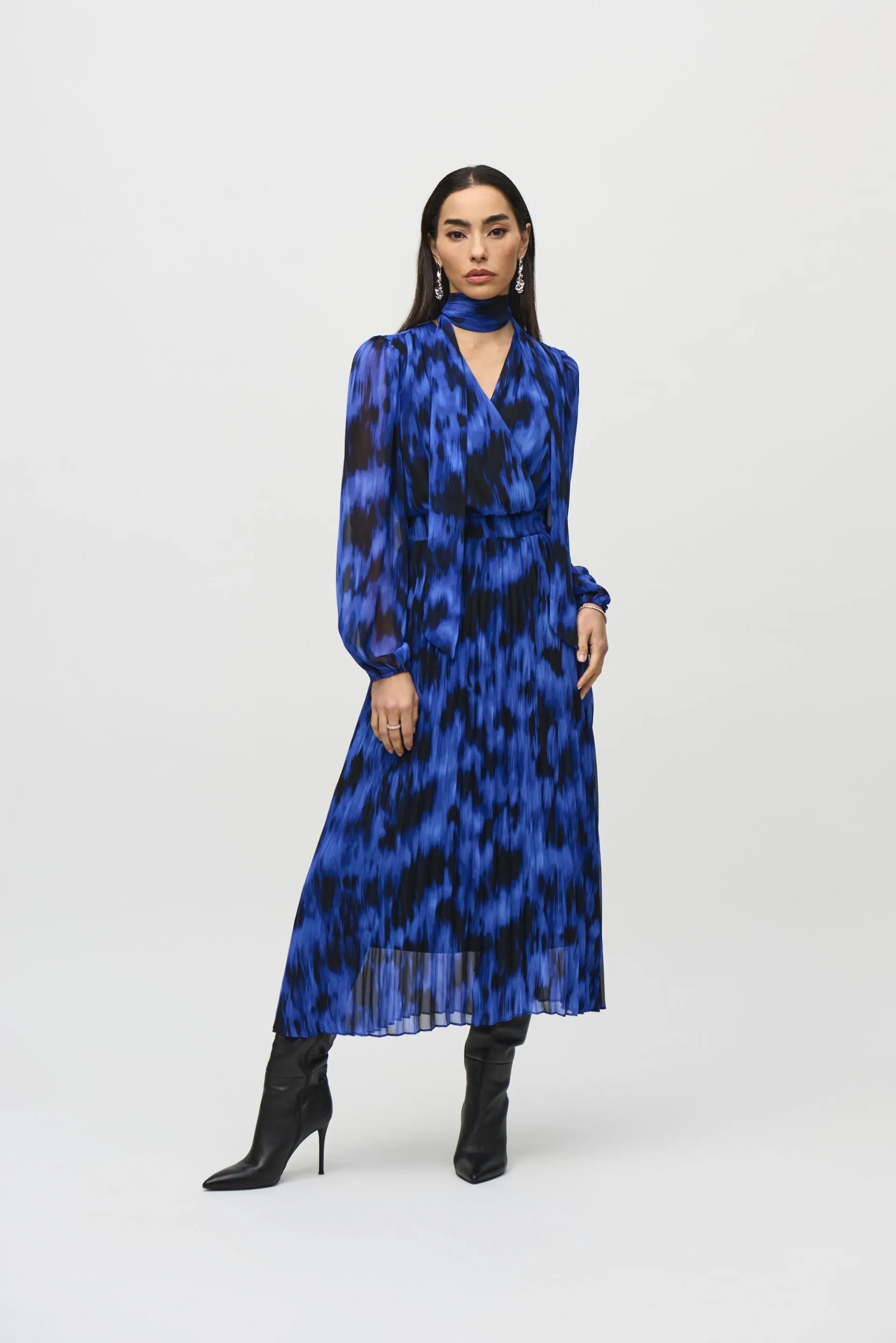Joseph Ribkoff Royal Sapphire/Multi Abstract Pleated Chiffon Maxi Dress 244924