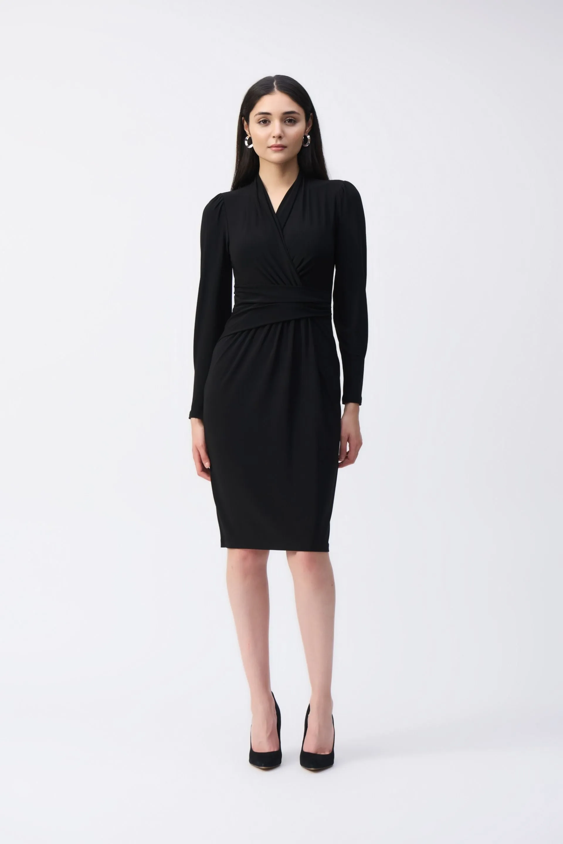 Joseph Ribkoff Ruched V-Neck Long Sleeve Sheath Dress 243236