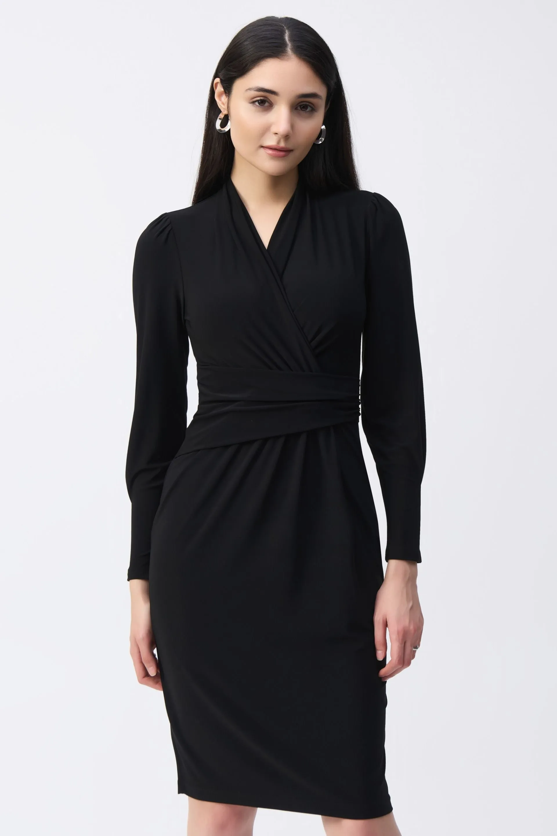 Joseph Ribkoff Ruched V-Neck Long Sleeve Sheath Dress 243236