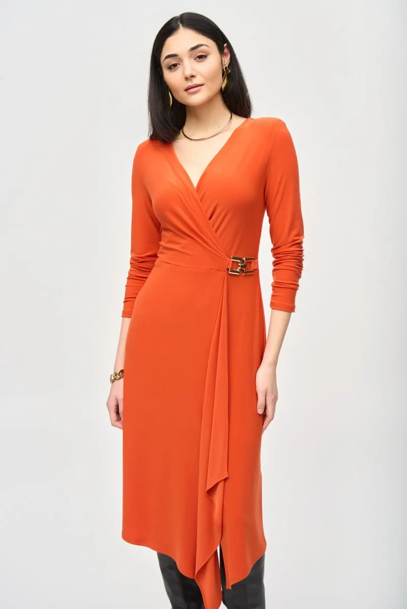 Joseph Ribkoff Ruffled Long Sleeve Faux Wrap Midi Dress 243282