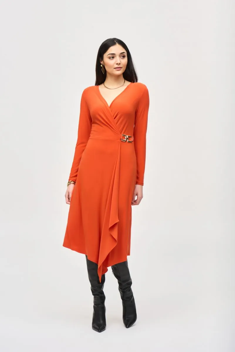 Joseph Ribkoff Ruffled Long Sleeve Faux Wrap Midi Dress 243282