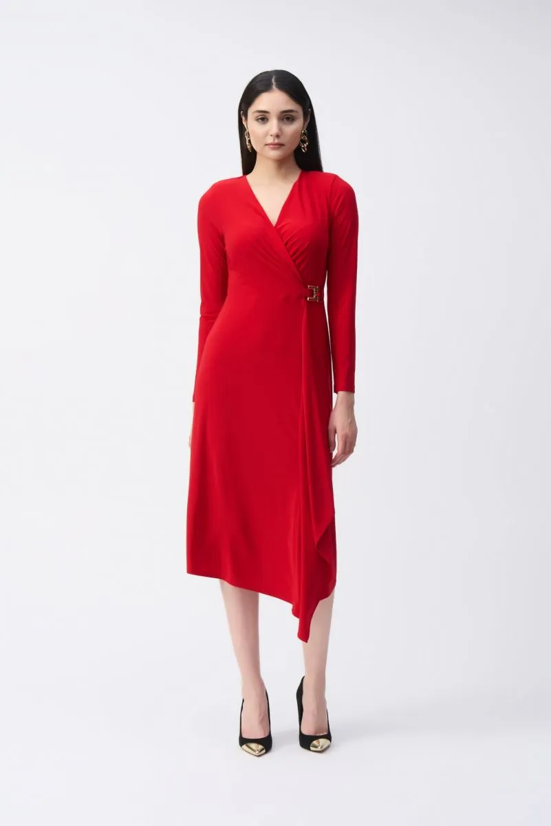 Joseph Ribkoff Ruffled Long Sleeve Faux Wrap Midi Dress 243282