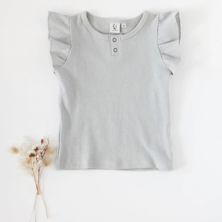 Keira Flutter Sleeve Waffle Top - Sky