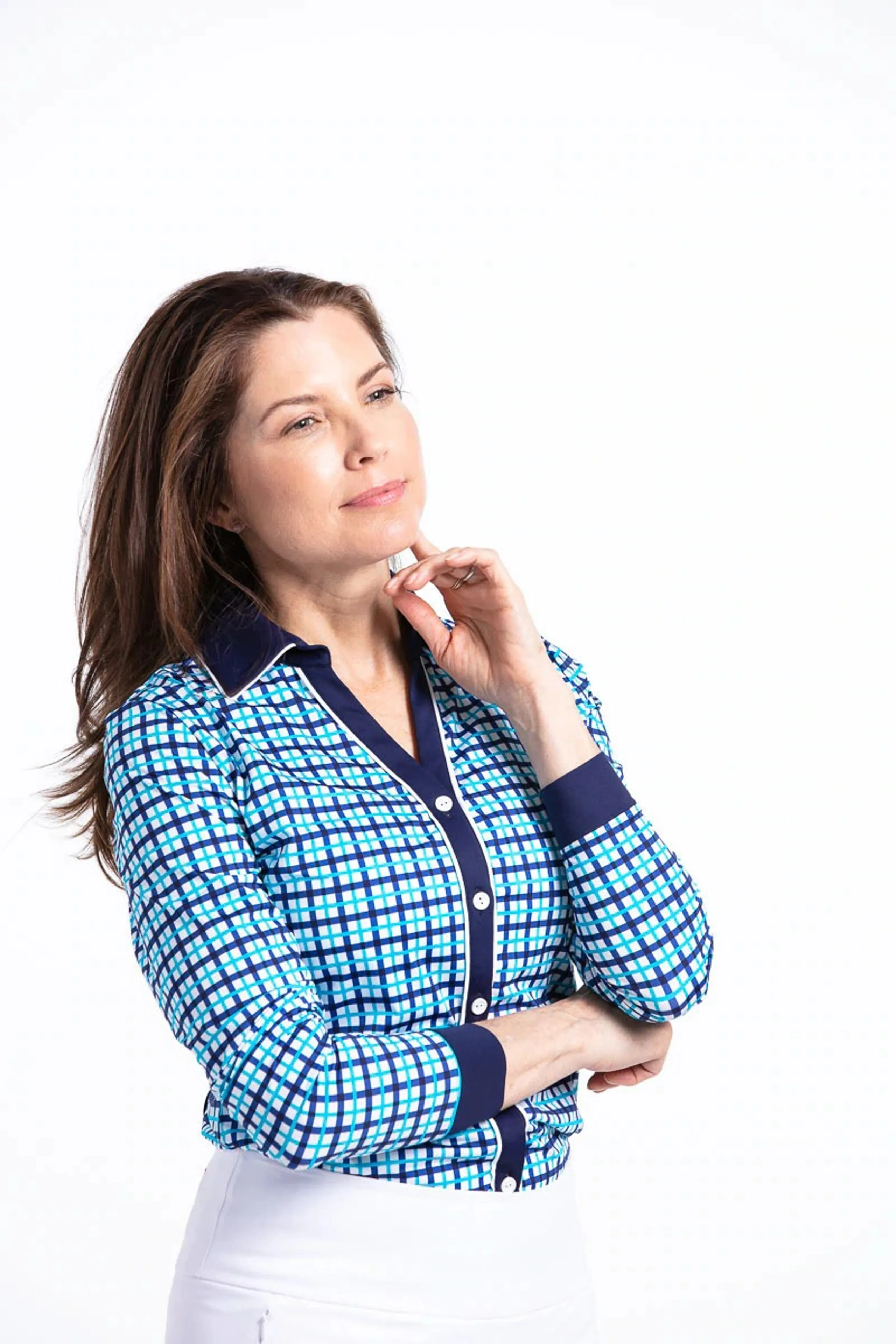 Kinona Women's UPF 50  Class Act Long Sleeve Golf Shirt - Mediterranean Check