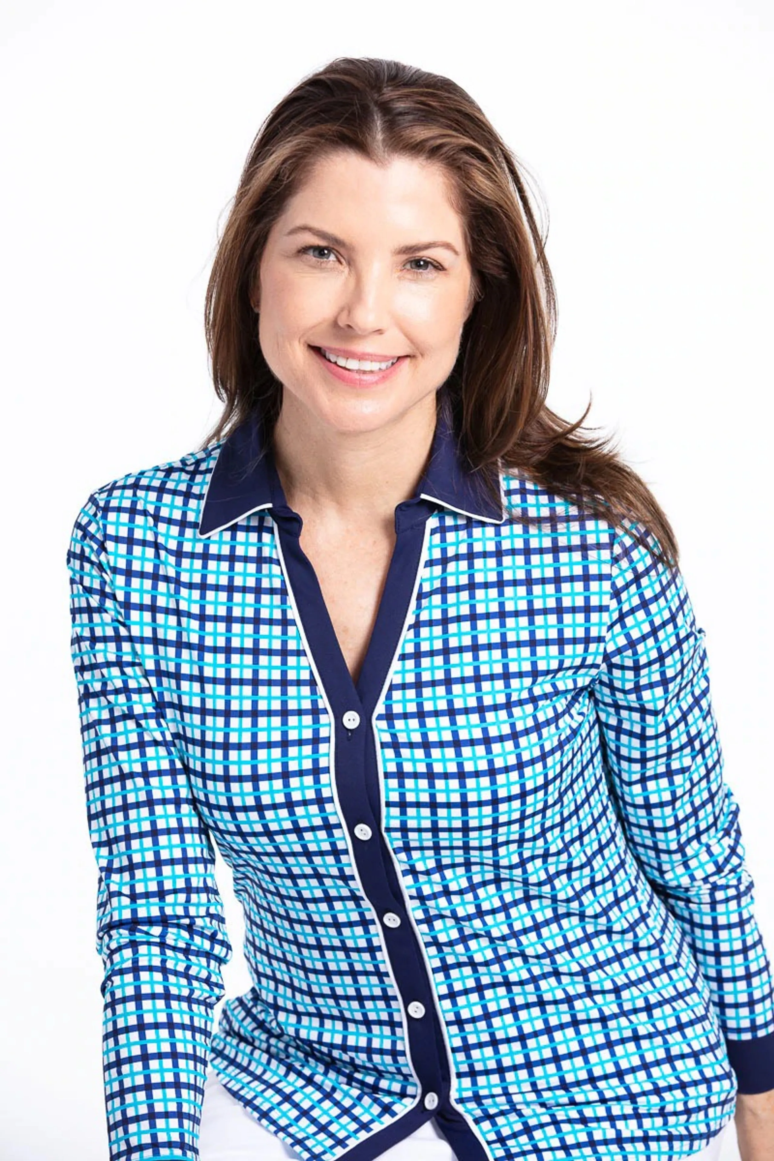 Kinona Women's UPF 50  Class Act Long Sleeve Golf Shirt - Mediterranean Check