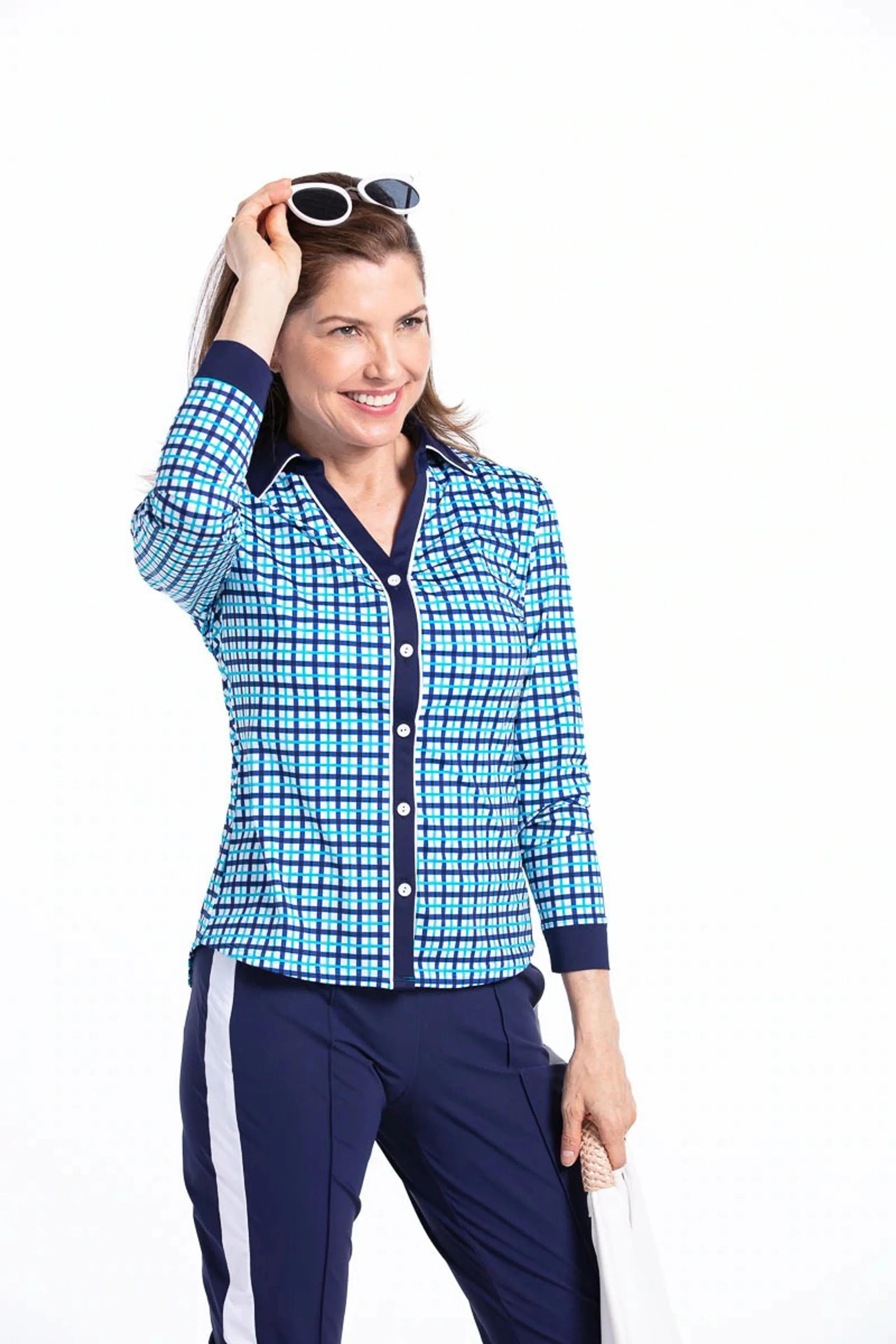 Kinona Women's UPF 50  Class Act Long Sleeve Golf Shirt - Mediterranean Check