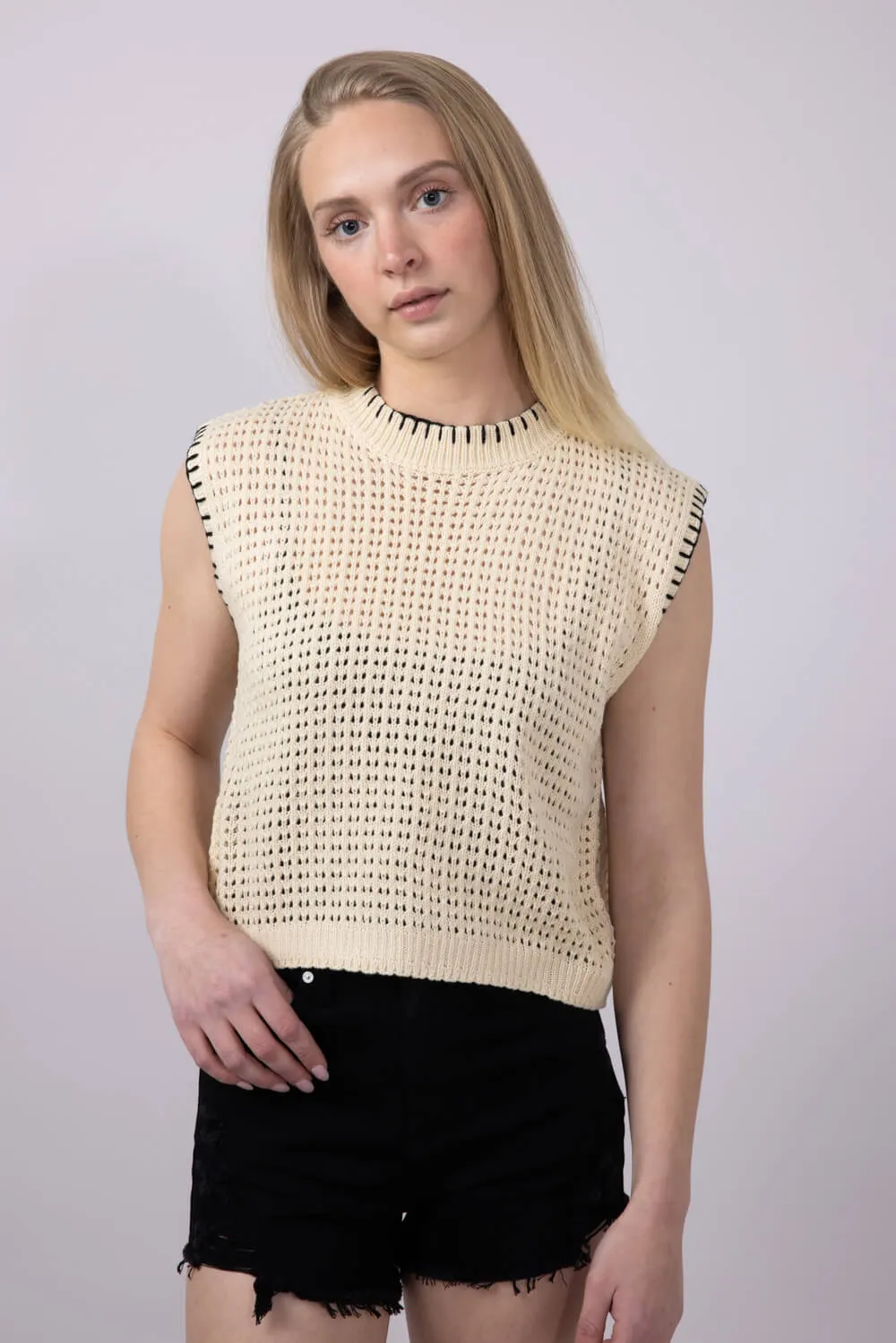 La Miel Crochet Knit Sweater Top for Women in Beige | MDS3597-COCONUT