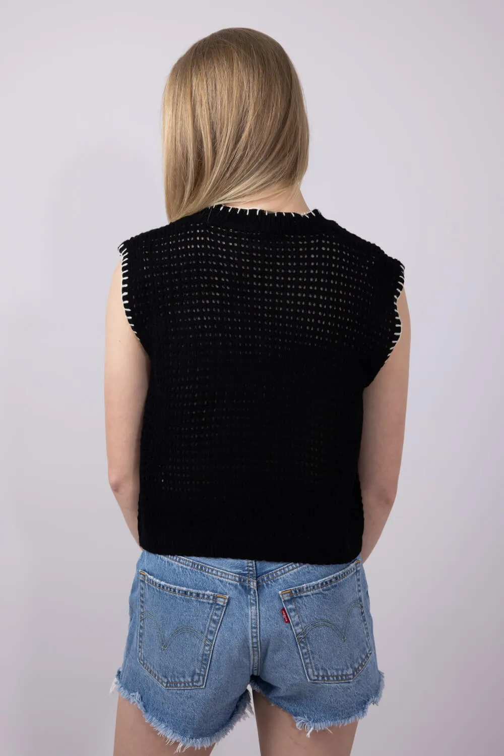 La Miel Crochet Knit Sweater Top for Women in Black | MDS3597-ONYX