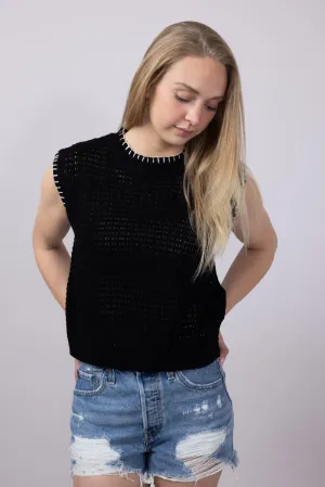 La Miel Crochet Knit Sweater Top for Women in Black | MDS3597-ONYX