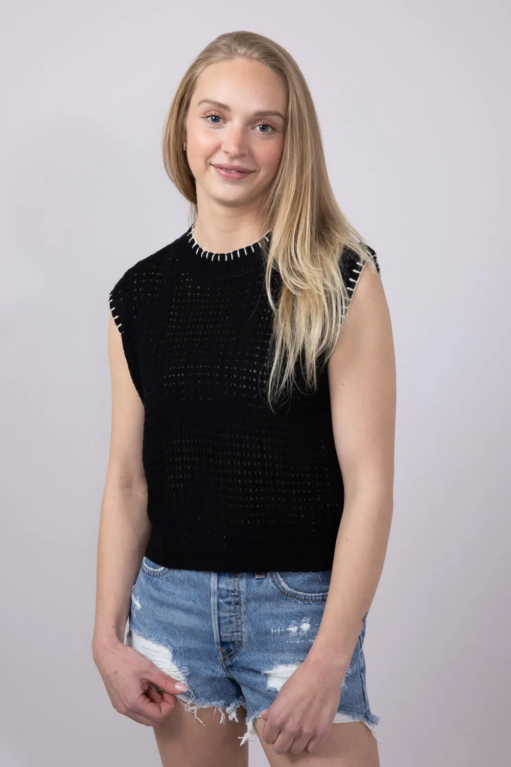 La Miel Crochet Knit Sweater Top for Women in Black | MDS3597-ONYX