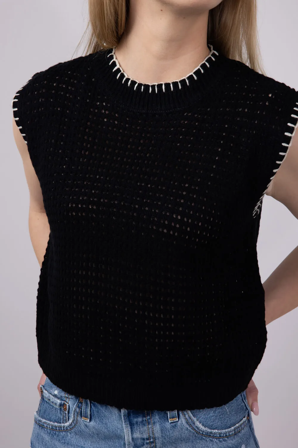 La Miel Crochet Knit Sweater Top for Women in Black | MDS3597-ONYX