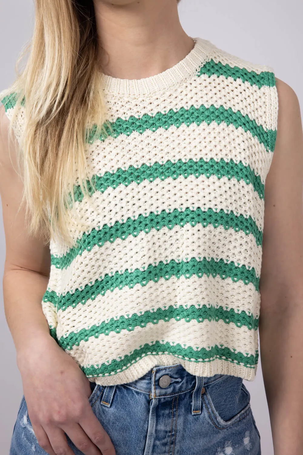 La Miel Crochet Striped Sweater for Women in Spearmint | MCS3584-SPEARMINT
