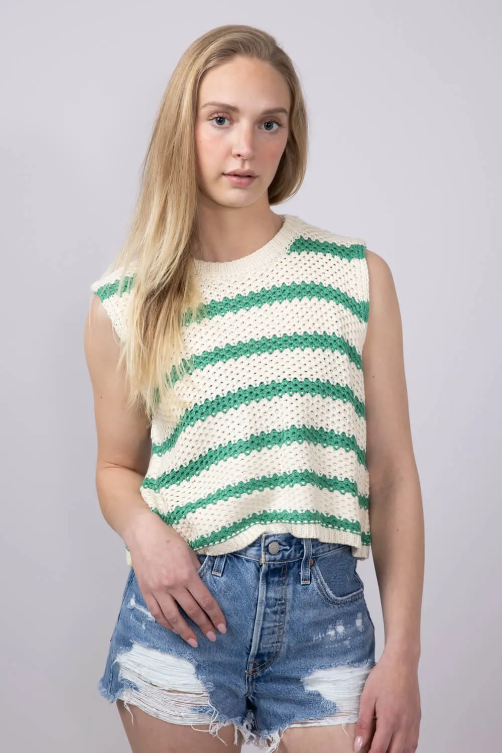 La Miel Crochet Striped Sweater for Women in Spearmint | MCS3584-SPEARMINT