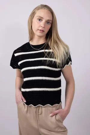 La Miel Scalloped Edge Striped Crochet Knit Sweater Top for Women in Black/Cream | MDS3603-OREO