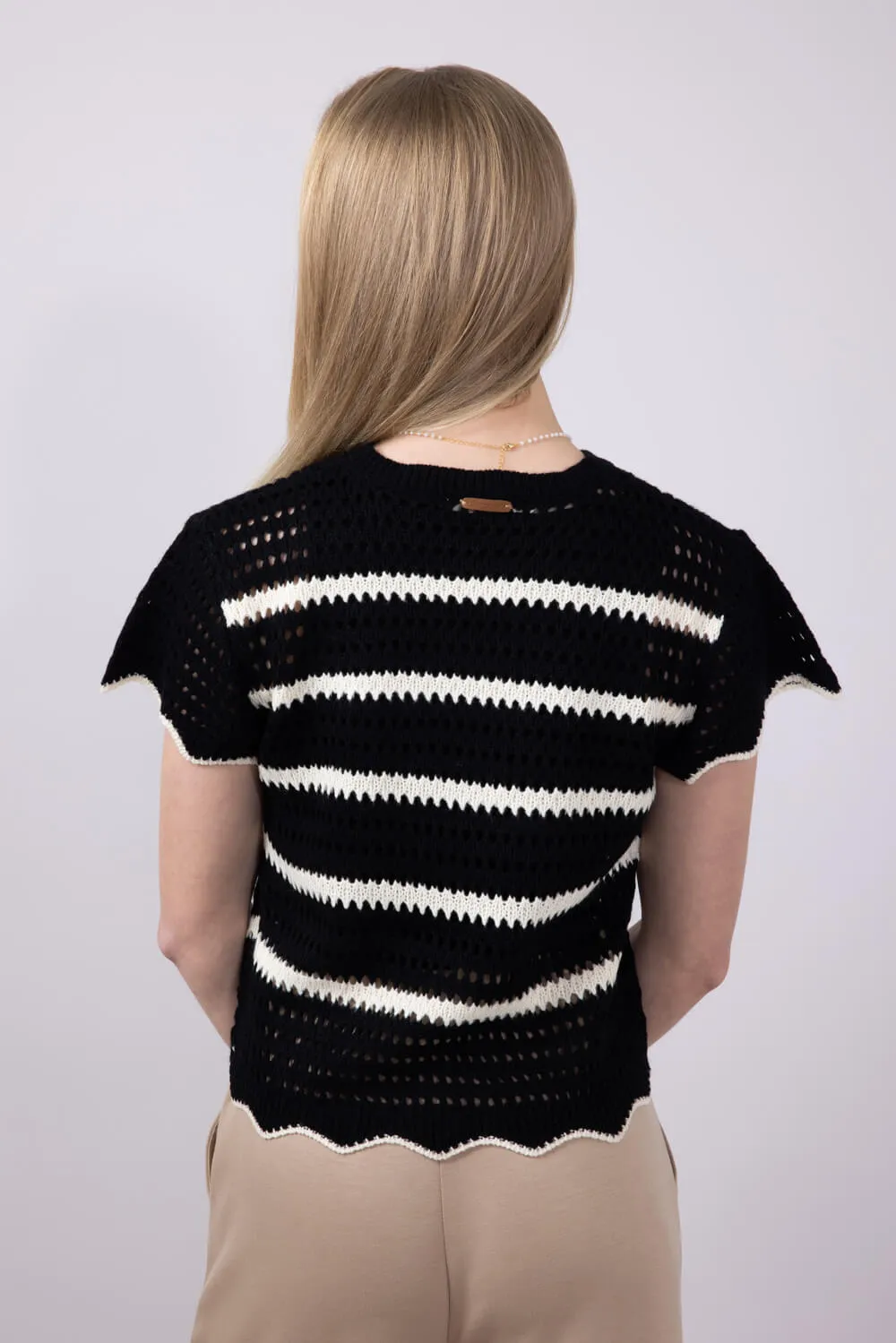 La Miel Scalloped Edge Striped Crochet Knit Sweater Top for Women in Black/Cream | MDS3603-OREO
